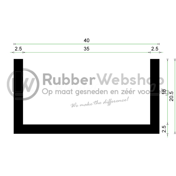 Volrubber U Profiel binnenmaat 35mm hoogte 20,5mm dikte 2,5mm
