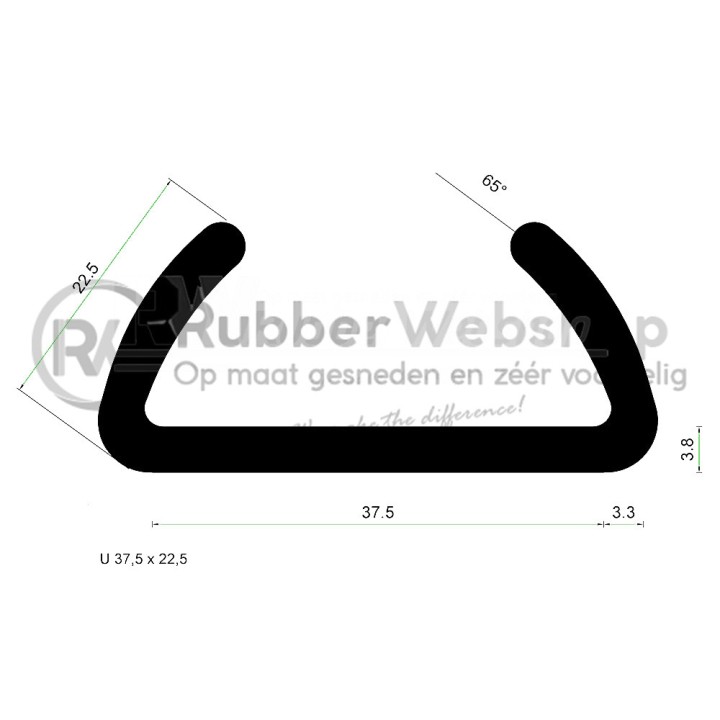 Volrubber U Profiel binnenmaat 37,5mm hoogte 22,5mm Rol 50 meter