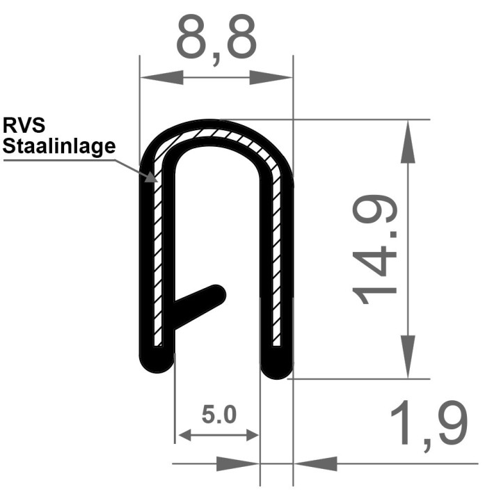 PVC Kantafwerkprofiel (klemprofiel) Zwart breedte 8.8mm hoogte 14,9mm klembereik 2 - 5mm
