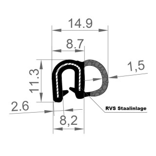 EPDM Rubber klemprofiel met mosrubber kraal aan de zijkant 11.3x14.9mm klembereik 1-3mm