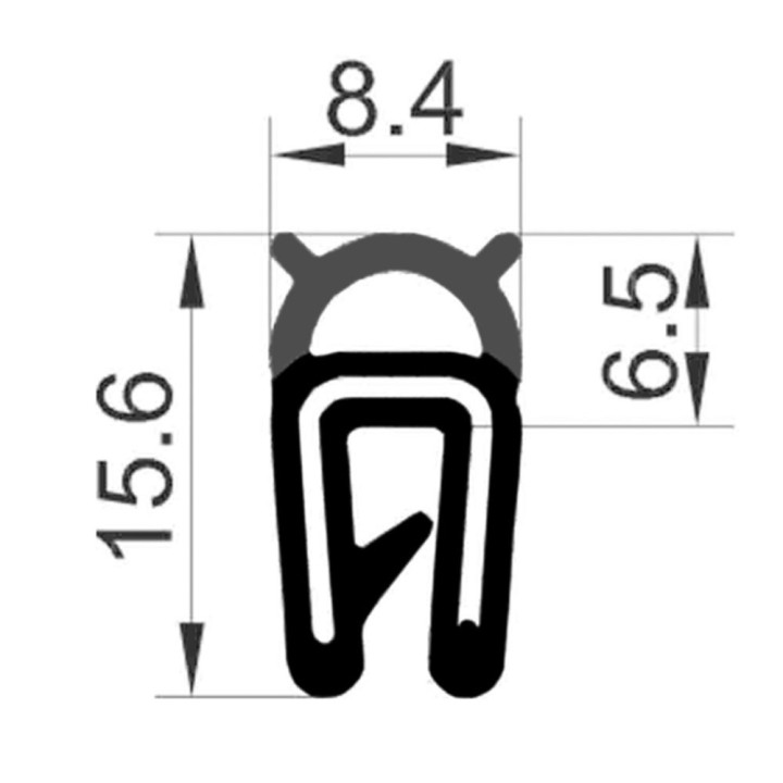 Volrubber EPDM klemprofiel met kraal boven | 15,6x8,4mm | klembereik 1-2mm