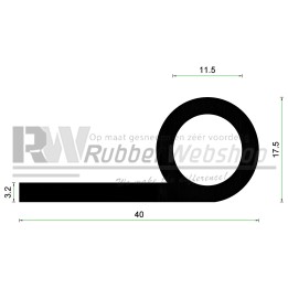 EPDM Volrubber Kraal P-Profiel tochtband | 40mm breed x 17,5mm hoog | Rol 50 meter