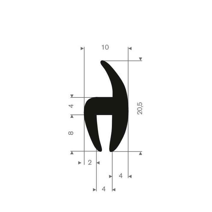 Volrubber H-profiel 4mm binnenmaat | breedte 10mm | hoogte 20,5mm