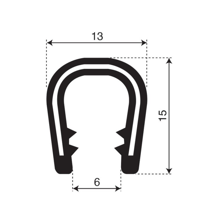 PVC Kantafwerkprofiel (klemprofiel) | breedte 13mm | hoogte 15mm | klembereik 6-8mm